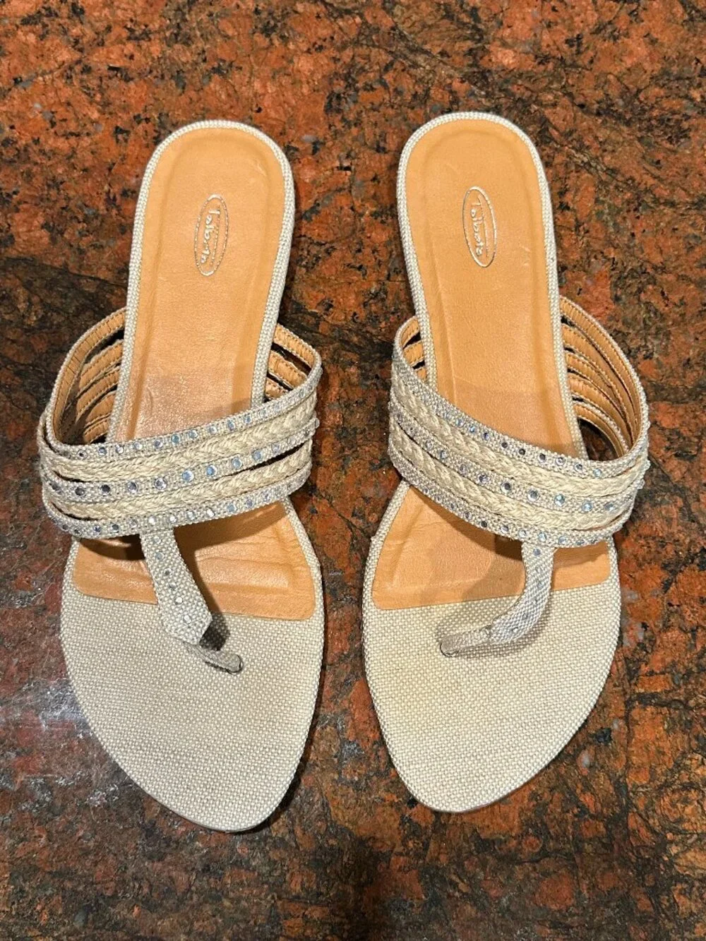 Talbots Beige Linen-look Thong Sandals with Rhinestone Accents, 8.5 M